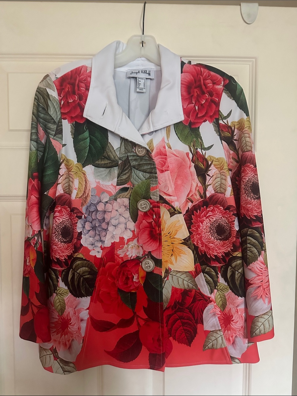 Joseph Ribkoff White-Collar Floral Blazer in Red, Pink and Green